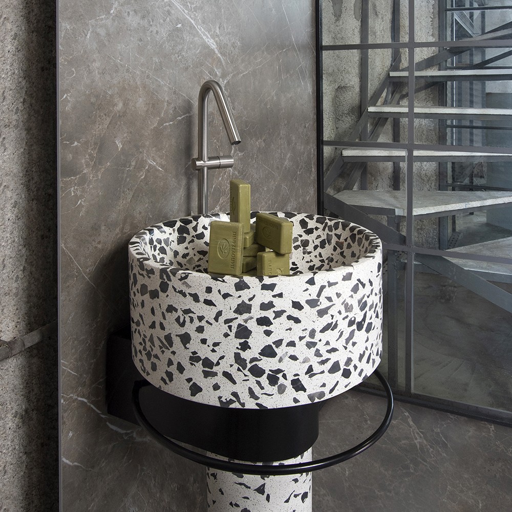 BALCONY wall mounted BLACK TERRAZZO by Sotiris Lazou designstudio for Urbi et Orbi cement washbasin