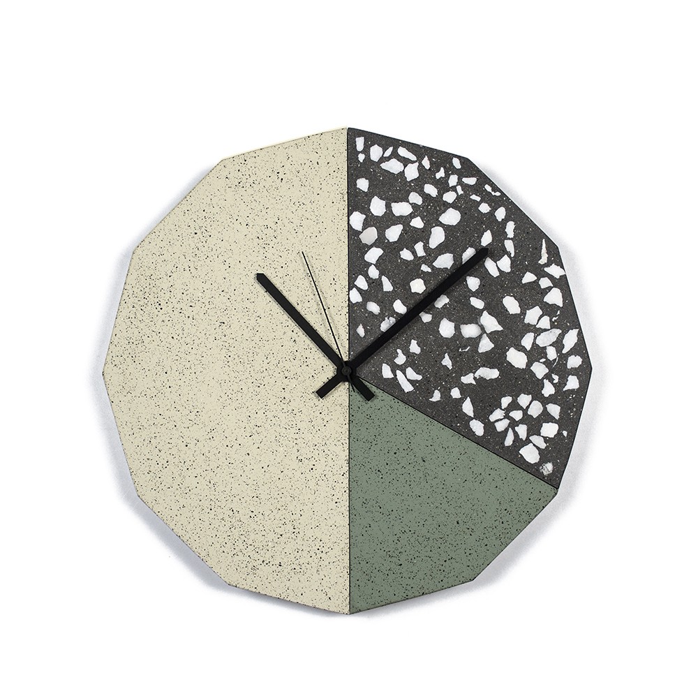 FACET CLOCK black terrazzo amo hak sand by Callum MacSorley  for Urbi et Orbi concrete wall clock