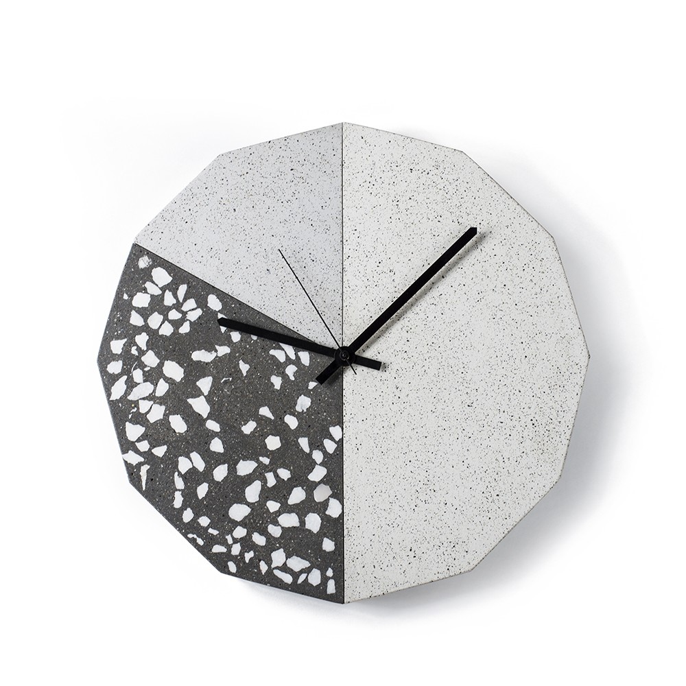 FACET CLOCK black terrazzo grey ivory sand by Callum MacSorley  for Urbi et Orbi concrete wall clock