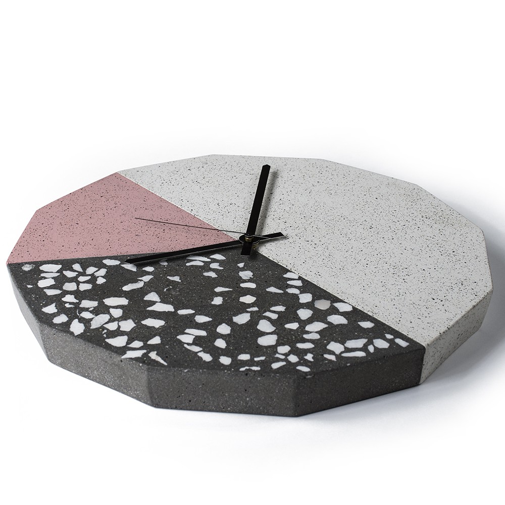 FACET CLOCK black terrazzo grey roz sand by Callum MacSorley  for Urbi et Orbi concrete wall clock
