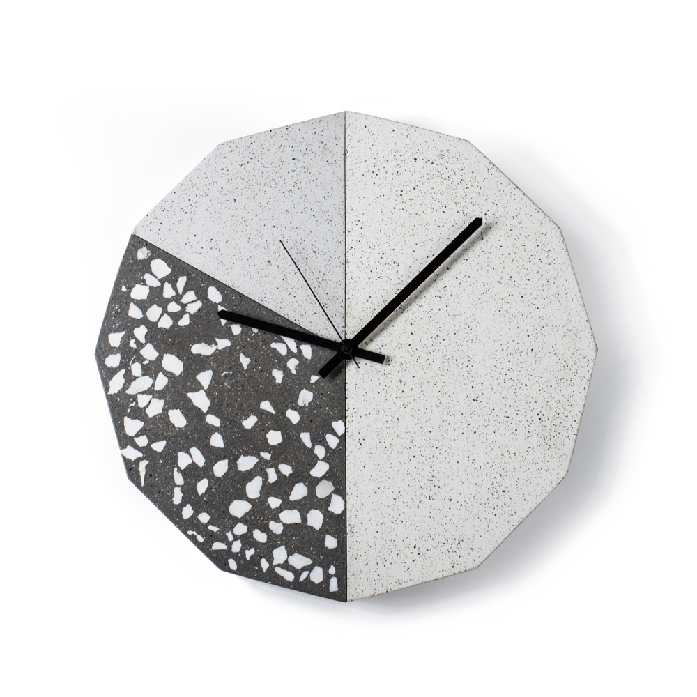 FACET CLOCK main black terrazzo grey ivory sand by Callum MacSorley  for Urbi et Orbi concrete wall clock