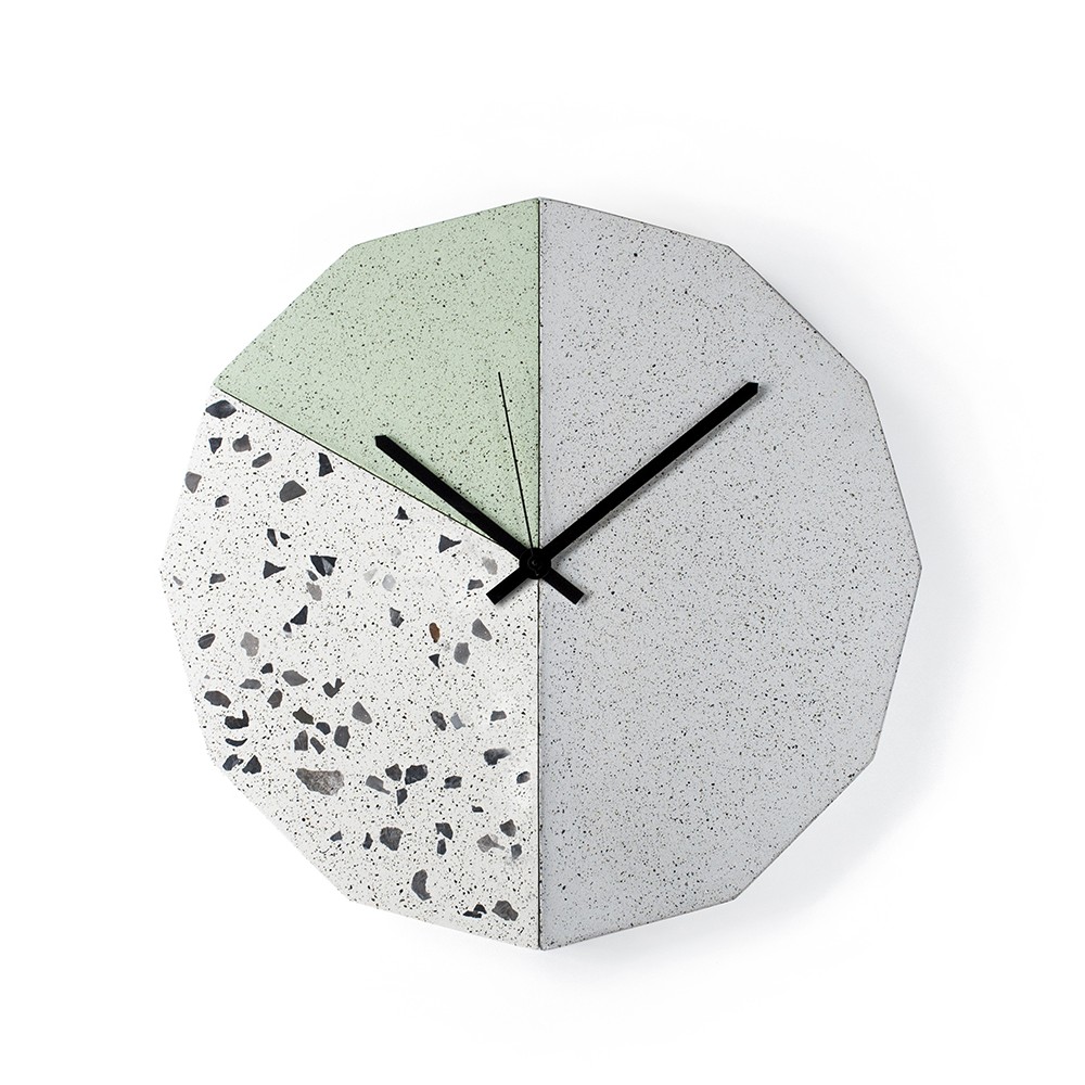 FACET CLOCK white terrazzo grey min sand by Callum MacSorley  for Urbi et Orbi concrete wall clock